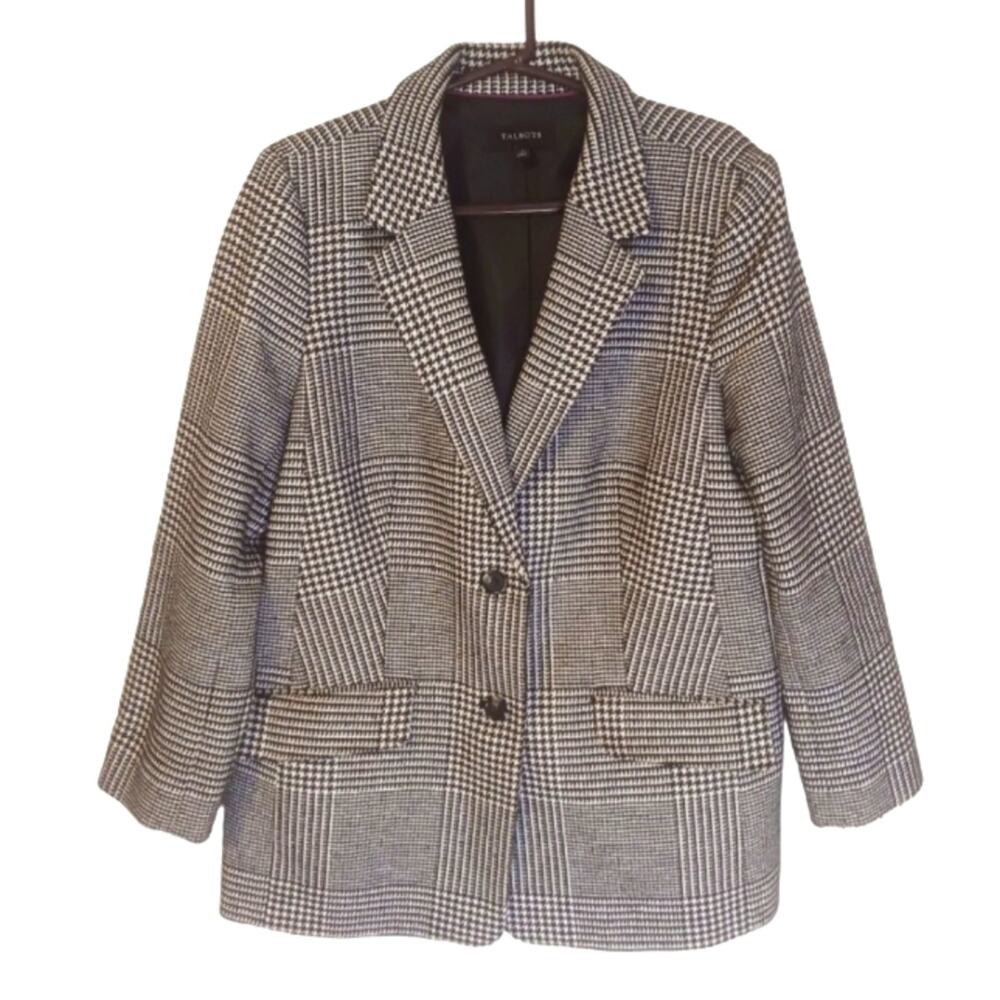 Talbots Houndstooth cotton blend tweed textured knit blazer jacket. Size 14